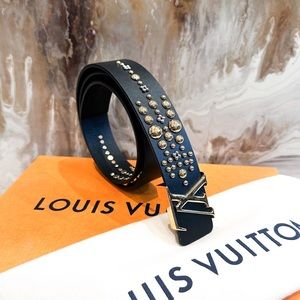 Rare Louis Vuitton Iconic Studded Black Leather LV Womens Belt Sz 85/34 M
